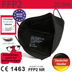 20x FFP2 Maske Mundschutz ✅ Schutzmaske 5 lagig Atemschutzmaske ✅ Schwarz CE1463