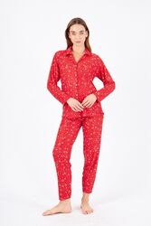 Schlafanzug Damen Pyjama Set aus 100% Baumwolle Rot mit Sternenmuster S-XXL