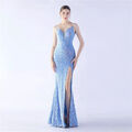 Kleid Elegant Lang Blau Strass Event Teilt Angepasst Abend 01843