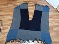 Strick Poncho Damen blau / grau mit Fransen