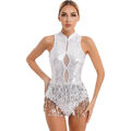 DE Damen Tanzbody Ballett Latein Bodysuit Gländzend Asymmetrisch Schulterkleid