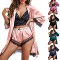 4ltg. Pyjama Set Damen Satin Spitze Bralette Panty Shorts Kimono Morgenmantel DE