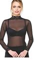 Damen Langarmshirt Mesh Langarm Durchsichtig Transparent Rollkragen