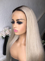 Ombre blond Hitzebeständiges Haar T Lace Frontal Wig Long Straight