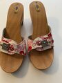 Damen Holz-Pantolette  Scholl - rot/weiss Blumen - verstellbar - Gr. 40 - DIVA