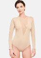 Evoni Damen Body Langarmbody V-Dekolleté Tüll Oberteil Bodysuit