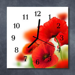 Tulup Glasuhr Wanduhr Küchenuhr Echt-Glas 30x30 cm Mohnblumen rot