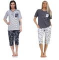 Neu Frauen/Damen Capri Schlafanzug/PYJAMA kurz liniert blau/weiß Baumwolle 0881