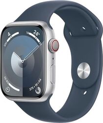 Apple Watch Series 9 45 mm Aluminiumgehäuse silber am Sportarmband S/M sturmblauSehr gut: Wenige Gebrauchsspuren, voll funktionstüchtig