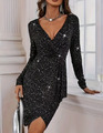 Glitzerndes V-Ausschnitt Bodycon Kleid - Elegantes Langarm Partykleid schwarz