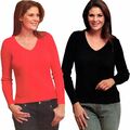 Damen Pullover Schlank Effekt Langarm Schwarz Rot V-Ausschnitt Pulli