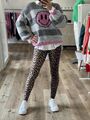 Strick Pullover Streifen Grau Rosa "Smile" Langarm One Size bis Gr. 38 (N6)