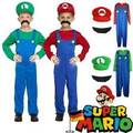 Kinder Super Mario & Luigi Kostüm Jungen Cosplay Latzhose Hut Komplett Set