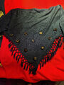 Damen Schal-Plaid groß schwarz gefochtene Fransen mit Sickerei 160cm x 90cm