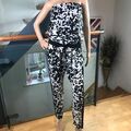 Bershka Damen Jumpsuit Gr. L schwarz weiß Bandeau trägerlos Kordelzug Taille