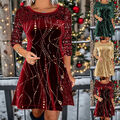 Damen Pailletten Festkleid Partykleid A-Linie Midikleid Langarm Weihnachtskleid