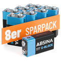 ABSINA 8x 9V Blockbatterien Alkaline - langlebige 9V Batterien für Rauchmelder 