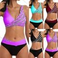 Damen Bikini Set Bademode Sommer Strandkleidung Gepolstert Gestreift Badeanzug+