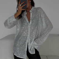 Damen Pailletten Hemd Bluse Party Shirt Oberteile Freizeit Langarmshirt Clubwear