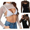 DEDamen Mesh Crop Top Langarm Bauchfrei T-Shirt durchsichtig Bluse Oberteil Sexy