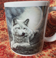 Weißer Wolf Tee Kaffeebecher bedruckt Handarbeit in UK