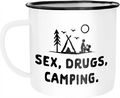 Emaille Tasse Becher Outdoor Design lustig Sex Drugs Camping Travelling