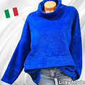 Italy Damen Sweatshirt Velours Optik Cord kuschlig Kragen Basic Blau 38 40 42