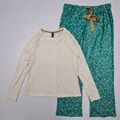 Maidenform Damen-Pyjama-Set großes elfenbeinfarbenes Oberteil & grüne gepunktete Hose