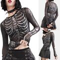 Damen Langarm Shirt Transparent Rundhals Crop Top Gothic Punk Oberteil Mesh Top