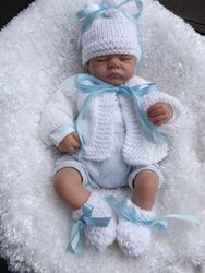 handgestrickt Baby Jungen klobige Jacke Hut und Schuhe mit blauem Band 0/3m