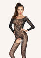 Offener Catsuit Schwarz Langarm Spitzencatsuit  Body Stocking Bodysuit Gr. S-L