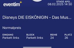 1 Karte Disney Musical Stuttgart Die Eiskönigin 08.02.2025 , 14.30 Uhr