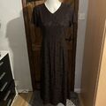 Laura Ashley Vintage braun Jacquard Blumen Kurzarm Maxi Abendkleid UK 12