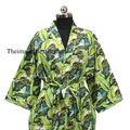 Grün Damen Bademantel Kimono One Größe Indisch Blumenmuster Nachtwäsche Verband