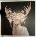 Bild Hirsch mit Blumenkrone 100x100 cm Schwarz / Grau von Werner Voss