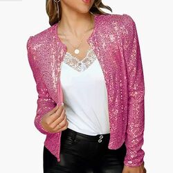 Damen Pailletten Cardigan Jacke Glitzer Abendjacke Langarm Blazer Kurze Oberteil