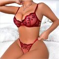 Sexy BH Set aus Spitze, Damen Unterwäsche Set, Rot Blumen