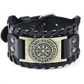 Herren Armband Schwarz Echtes Leder Edelstahl Wikinger Breit Männer Geschenk