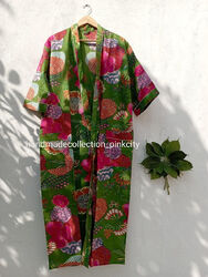 Langer Kimono Bademantel Maxi Nachtwäsche Kleid indische Baumwolle grün Früch...