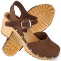 Damen Leder Clogs mit Absatz offene Holzschuhe Sandalen Braun Sommer 35-41