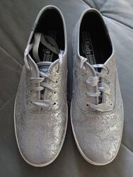 Keds 🌿 Damen Sneaker "Champion", Gr 41 Silber Glitzer Satin Schnürer 🌿 Neu