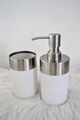 2 teiliges Bad Set Seifenspender und Becher weiß silber Badezimmer Accessoire