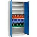 Schäfer Shop Select Materialschrank MSI 2409, mit 12 Kästen LF 322, 6 Fachböden, B 950 x T 400 x H 1935 mm, Stahl, lichtgrau/enzianblau