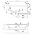 Koralle Badewanne T200 180/80 R Acryl asymmetrisch 1803x800x440 weiß Überlauf vorn VL166180080201