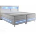 Juskys Boxspringbett Norfolk – LED Beleuchtung, Bonell-Matratzen, Topper & Kunstleder – 66 cm Komforthöhe – Bett Doppelbett 180 x 200 cm – weiß