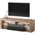 Bianko - TV-Lowboard stehend in Lancaster Eiche/Schwarz Hochglanz mit Klappe und LED-Beleuchtung, 140 cm - Selsey