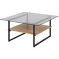 Selsey - hideko - Beistelltisch / Couchtisch mit Glasplatte, schwarzem Metallgestell und Ablage in Eichenoptik, quadratisch, 80x80 cm