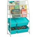 Sobuy - KMB07-B Kinder-Bücherregal Büchergestell mit 3 Ablagefächern Spielzeugaufbewahrungregal Kinderregal mit 4 Spielzeugkisten, weiß/blau bht ca: