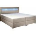 Juskys Boxspringbett Vancouver – Doppelbett mit LED-Beleuchtung, Topper & Bonell-Federkern-Matratzen – Bett Polsterbett mit Stoff - 140x200 cm beige