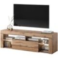 Selsey BIANKO - TV-Lowboard stehend in Lancaster Eiche mit Klappe und LED-Beleuchtung, 140 cm